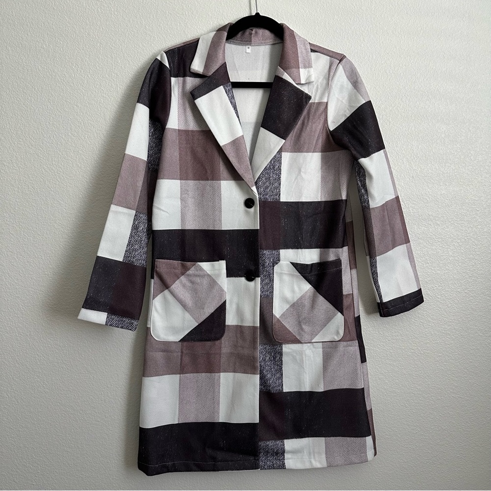 Women’s Long Plaid Coat - Button Front,
Pockets, Classic Style